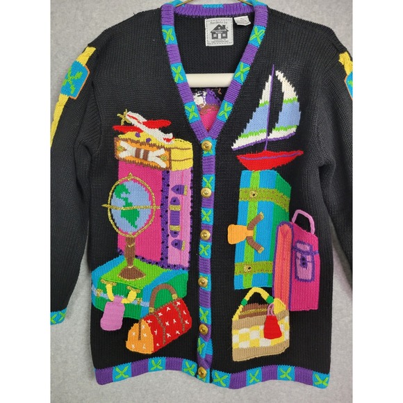 Storybook Knits Vintage Travel Cardigan Medium Black Suitcase Globe Sailboat - Picture 2 of 13